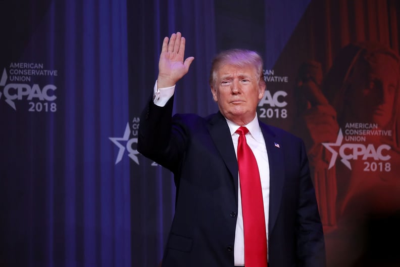NATIONAL HARBOR, MD - FEBRUARY 23:  U.S. President Donald Trump waves goodbye after addressing the Conservative Political Action Conference at the Gaylord National Resort and Convention Center February 23, 2018 in National Harbor, MD. This was Trump's sec