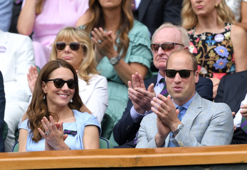 LONDON, ENGLAND - JULY 14: Catherine, Duchess of Cambridge and Prince William, Duke of Cambridge in the Royal Box on Centre court during Men's Finals Day of the Wimbledon Tennis Championships at All England Lawn Tennis and Croquet Club on July 14, 2019 in