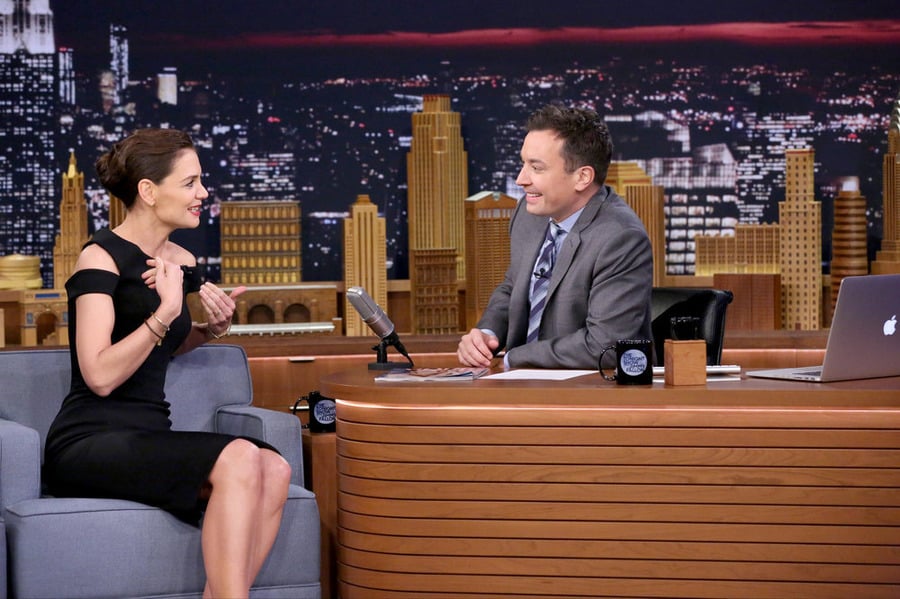 Katie Holmes Black Zac Posen Dress on Jimmy Fallon