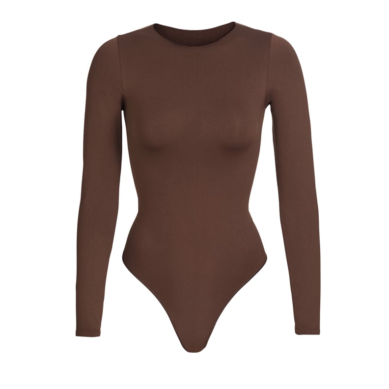 SKIMS Long Sleeve Crew Neck Thong Bodysuit in Smokey Quartz