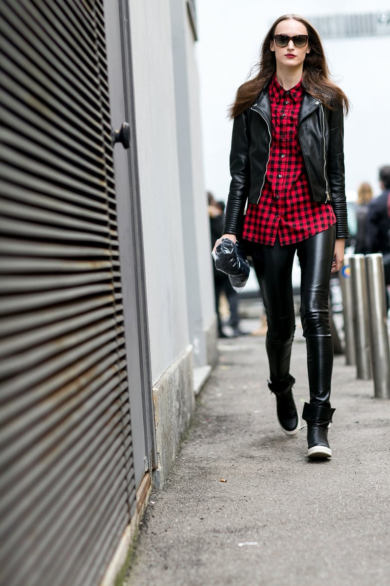 Keep Things More Casual in a Long Plaid Top and Trendy Sneakers