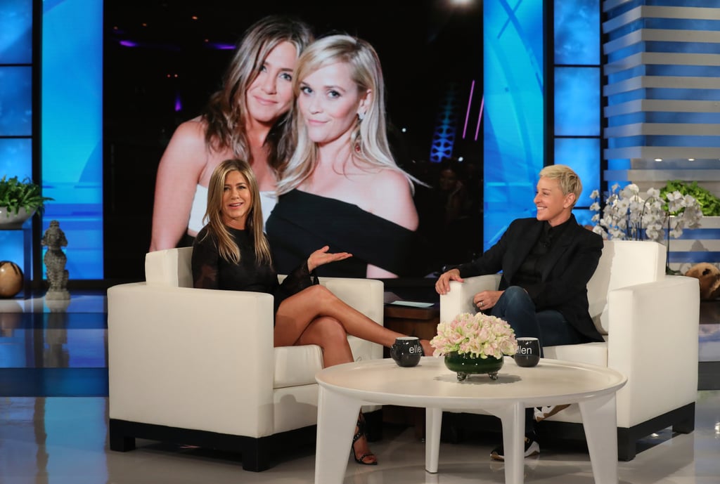 Jennifer Aniston Black Dress and Studded Sandals on Ellen