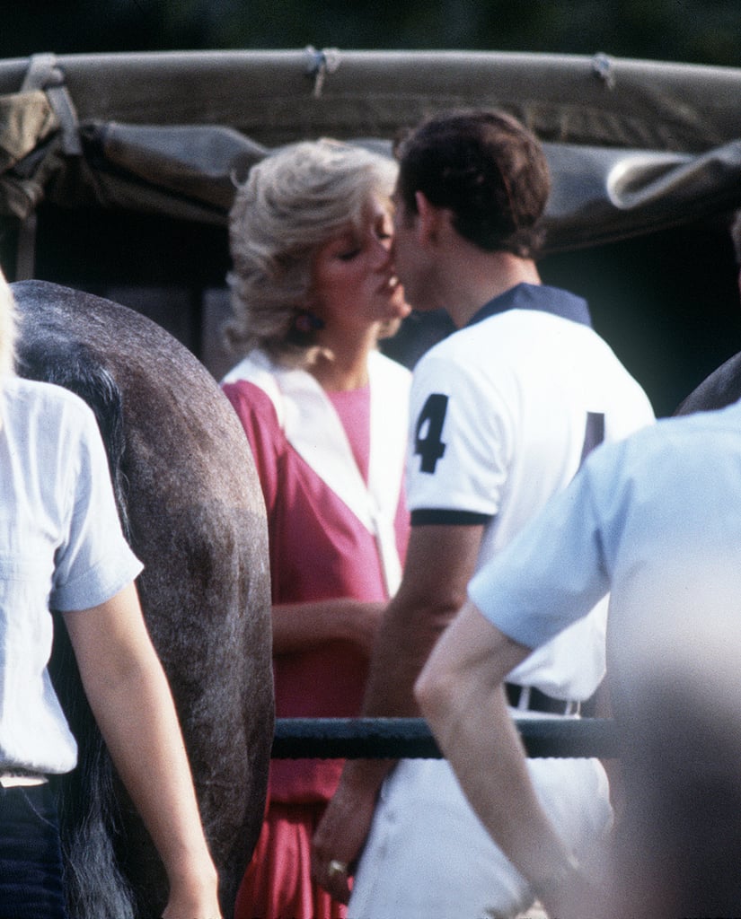 Prince Charles was quick to give his pregnant wife a quick smooch at a polo match at Windsor Great Park on July 29, 1984. She kept it simple with an effortless pink dress with white details.