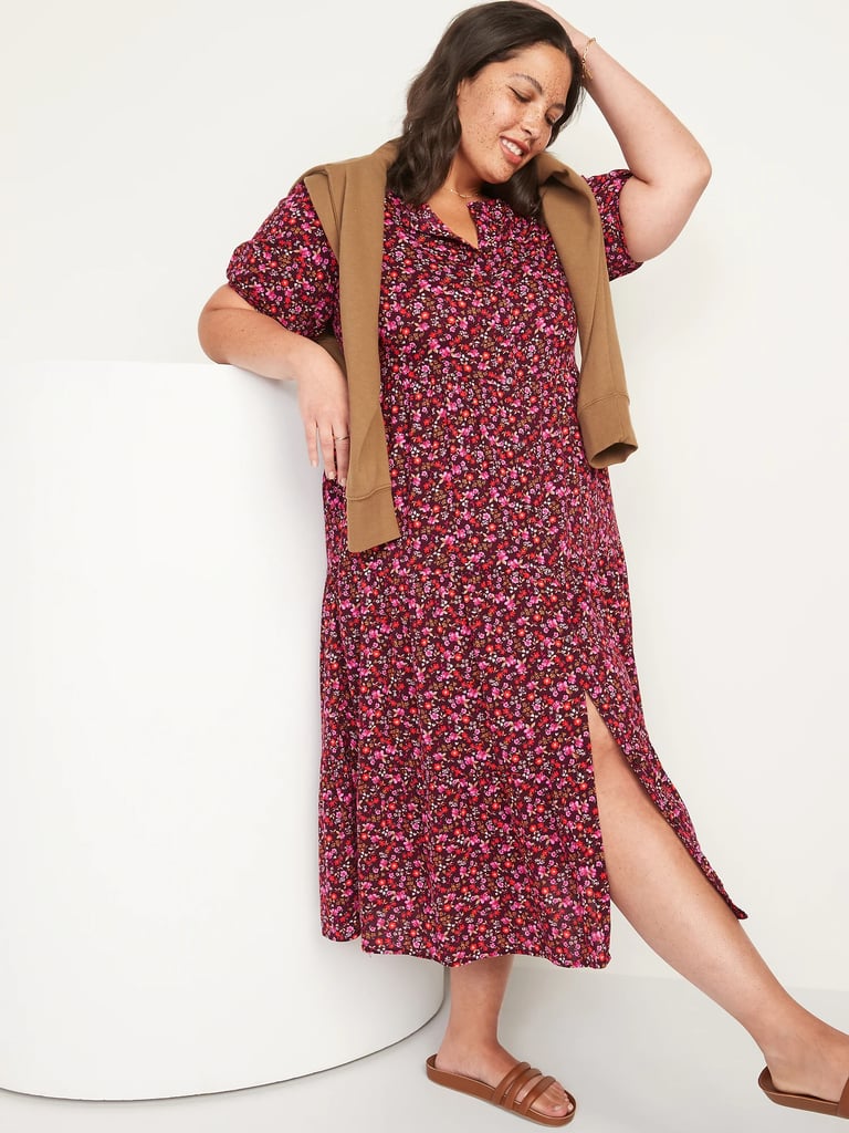 Floral Puff-Sleeve Button-Front Midi Swing Dress For Women