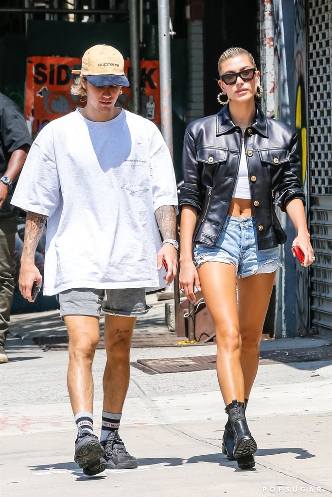 Hailey Baldwin Black Leather Jacket With Justin Bieber 2018