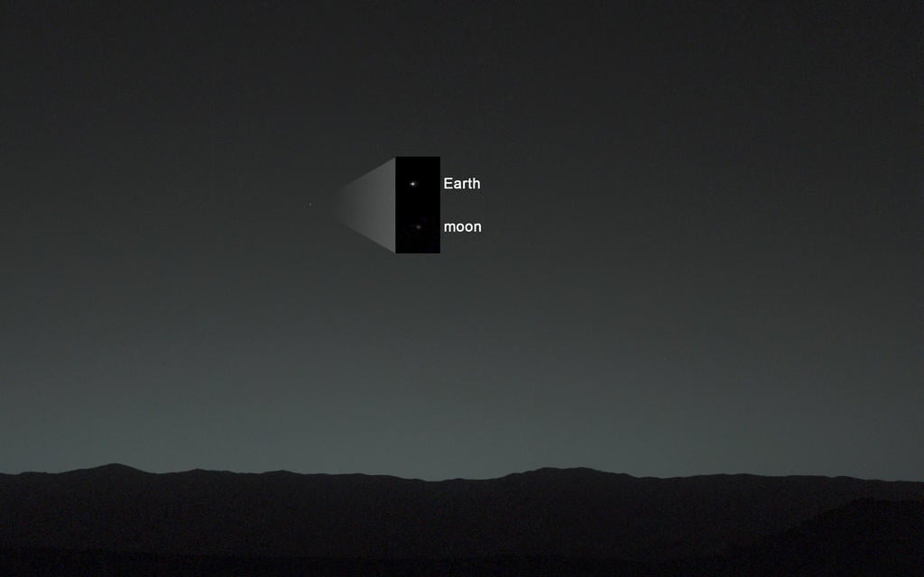 Earth and our moon look teeny tiny in this picture taken from Mars by the Curiosity rover.
Source: NASA/JPL-Caltech/MSSS/TAMU