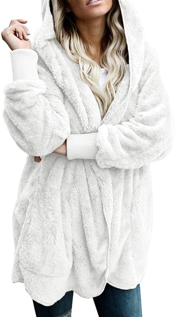 Dokotoo Fuzzy Fleece Open-Front Hooded Cardigan in White