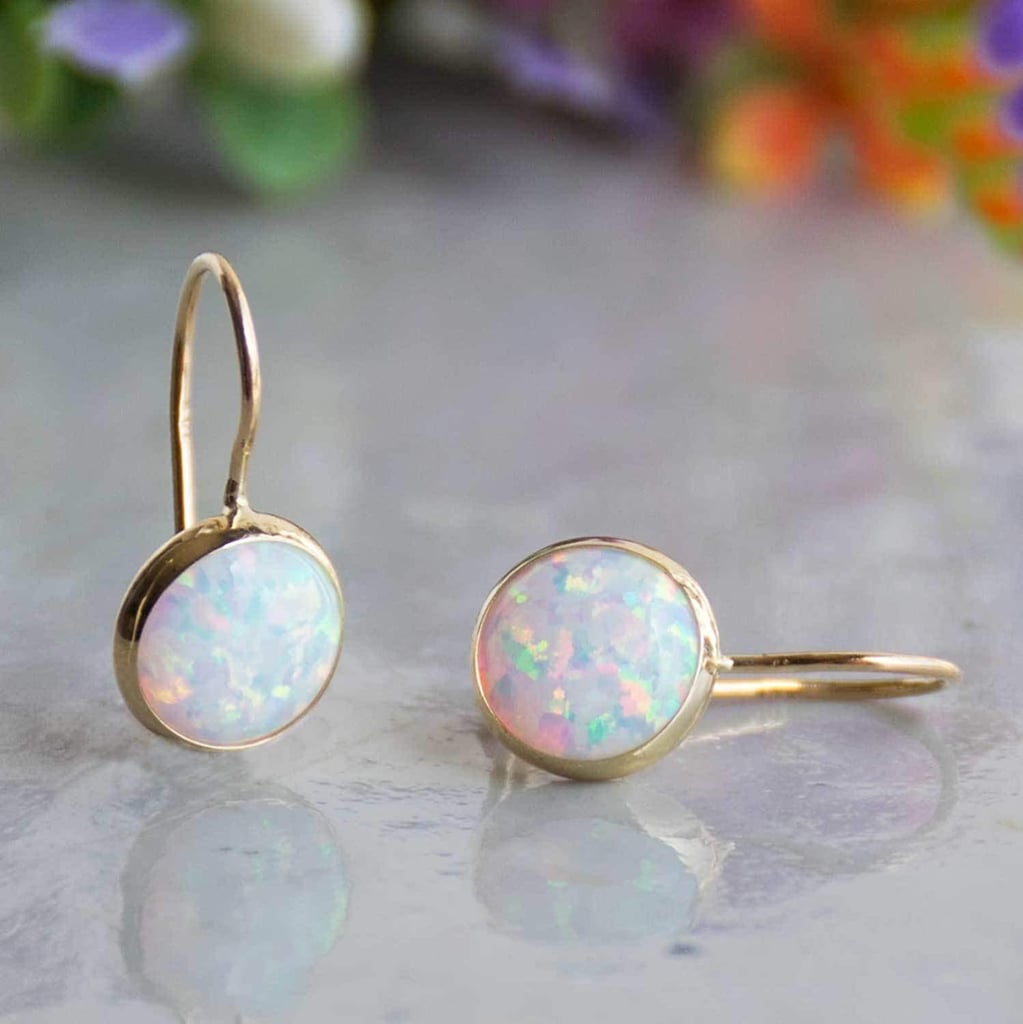 14k Solid Yellow Gold White Opal 8mm Gemstone Dangle Earrings