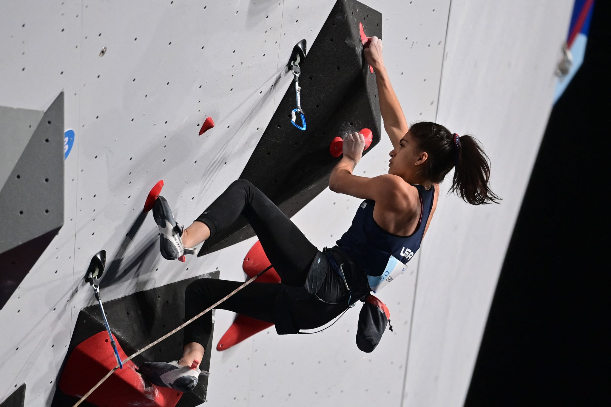 USA's Natalia Grossman competes in the lead stage during the sport climbing women's boulder & lead final of the Pan American Games Santiago 2023, at the Cerrillos Park Climbing Walls in Santiago on October 24, 2023. (Photo by Pablo VERA / AFP) (Photo by PABLO VERA/AFP via Getty Images)