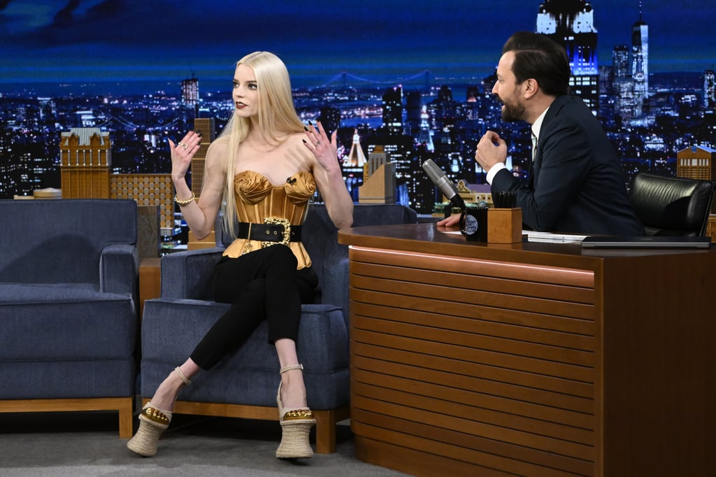 Anya Taylor-Joy's Gold Bustier and Platforms on Tonight Show