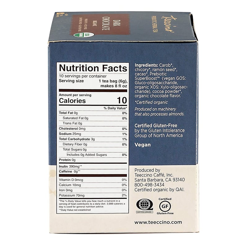Nutritional Info and Ingredients in Teecino Dark Chocolate Tea