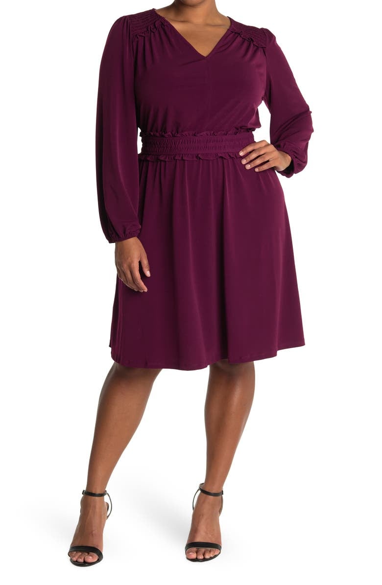 A Long-Sleeved Dress: London Times V-Neck Empire Smocked Waist Dress