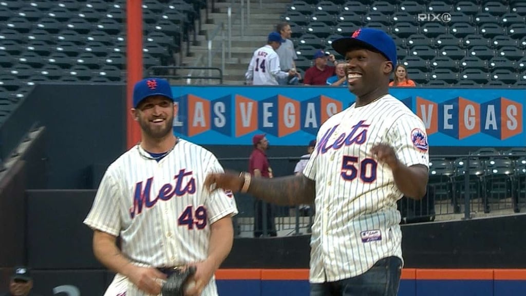 50 Cent's throw goes WIDE left during the first pitch at Citi Field