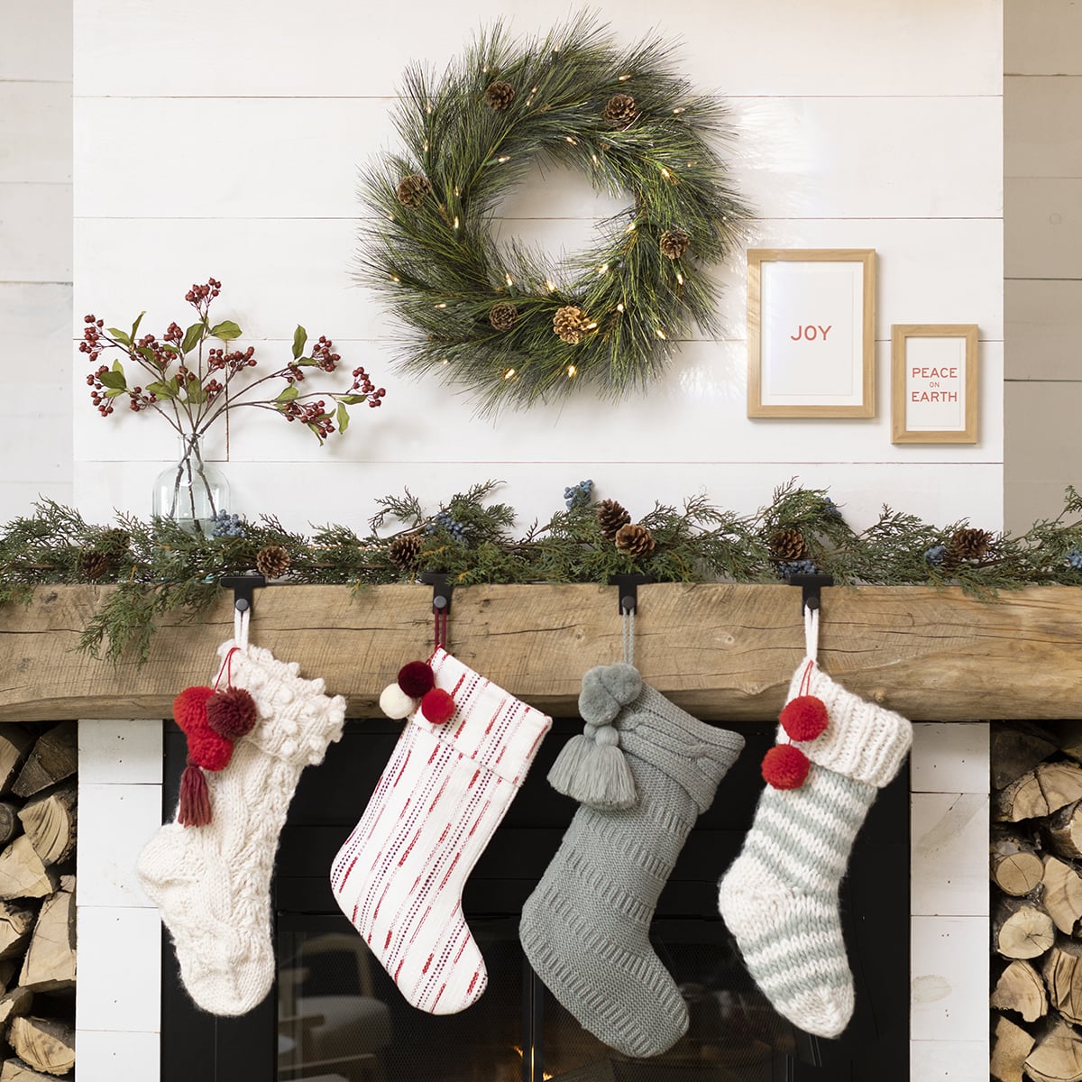 White/Silver Green Stripe Knit+Red Poms Hearth and Hand Magnolia Xmas Stocking 