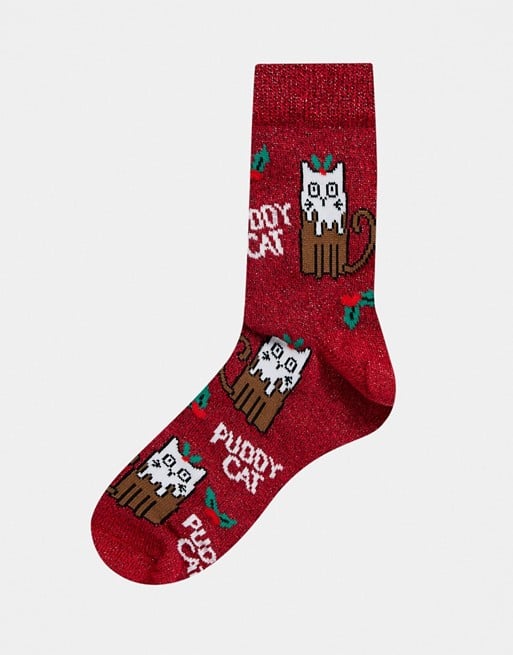 ASOS Design Christmas Puddy Cat Ankle Socks