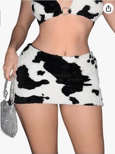 Wdirara Cow Print Fuzzy Bodycon Mini Skirt