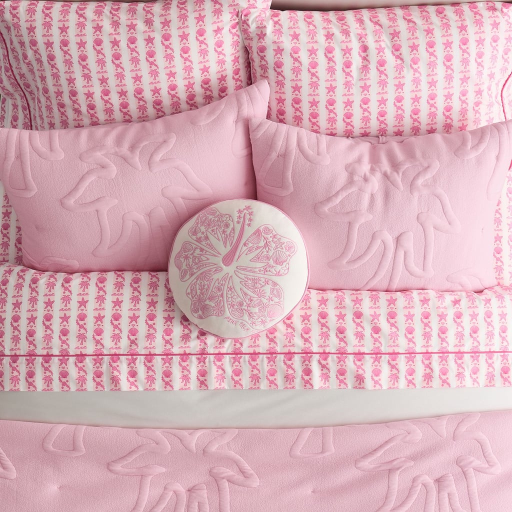 PB Teen Pink Palm Puff Hibiscus Round Pillow