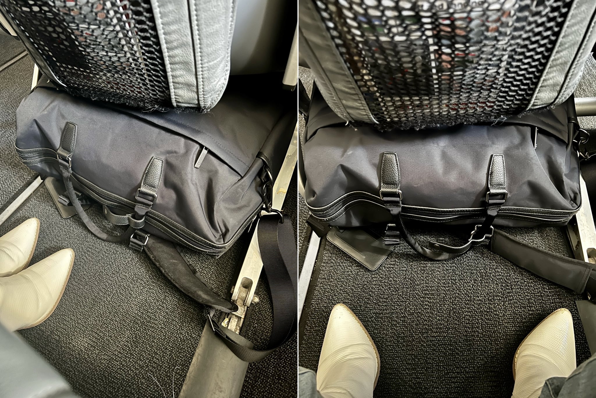 The Open Story Weekender Bag underneath the seat on a domestic flight as a personal-item carry on bag.