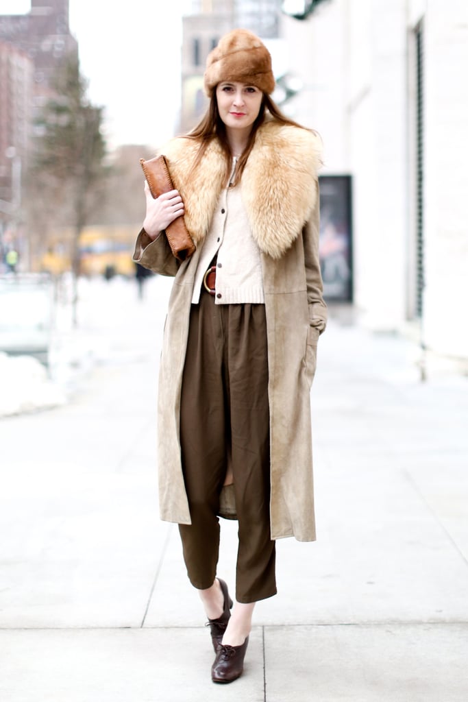 A fur collar and coordinating hat took this trousers-and-cardigan set to a much warmer — and chicer! — place.