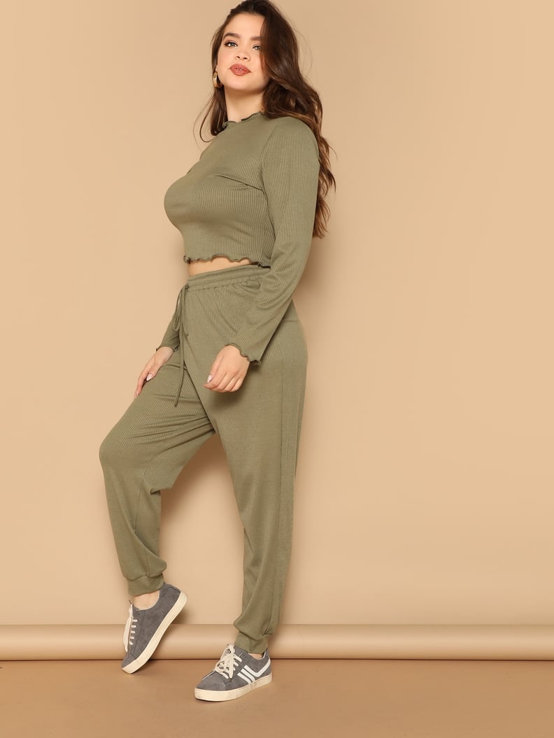 Shein Plus Lettuce Trim Rib-Knit Tee & Pants Set