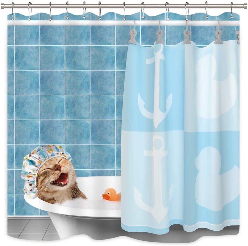 Funny Cat Shower Curtain Fun Animal in Bathtub with Fish Cloth