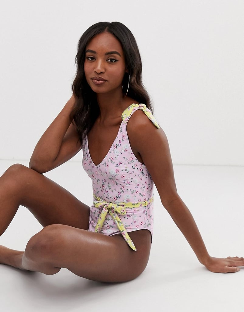 ASOS Design Tall Recycled Tie Shoulder Belted Swimsuit