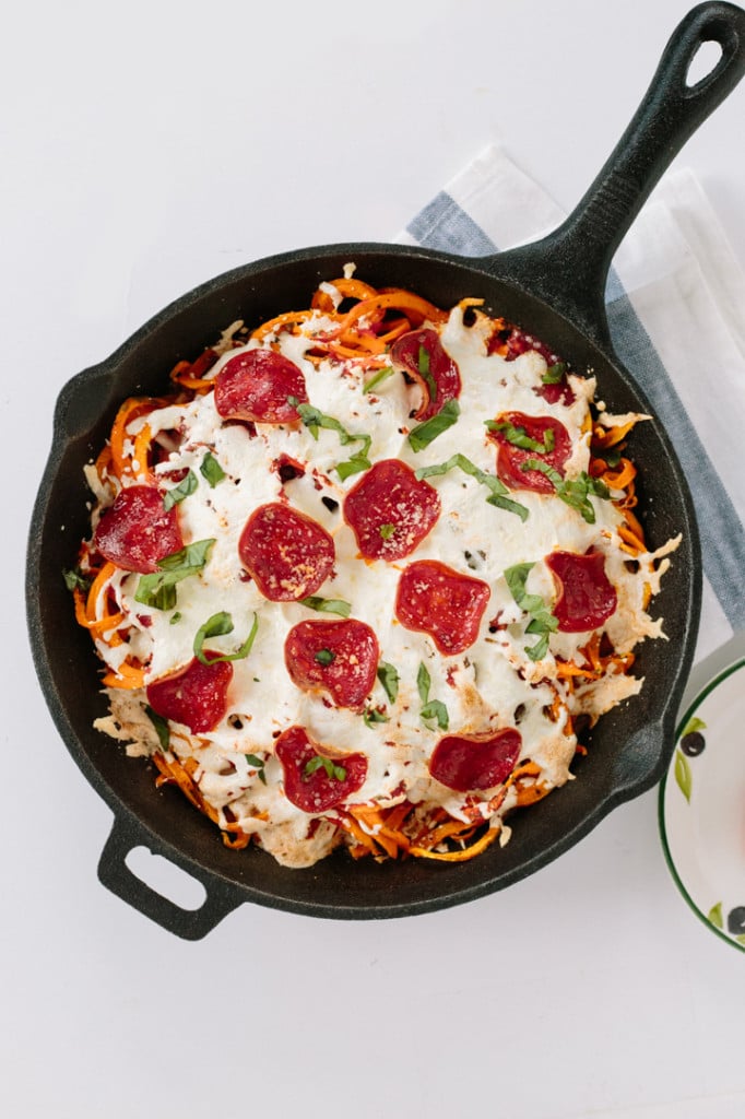 Spiralized Sweet Potato Pizza Bake with Turkey Bacon