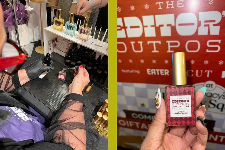 Photos side-by-side show a woman mixing perfume and a hand holding a small bottle of perfume from Macy's Holiday Square pop-up