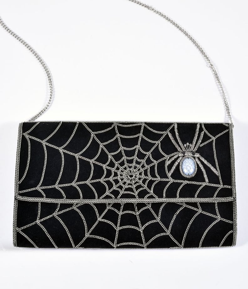 Black Suede and Silver Chain Spiderweb Envelope Clutch