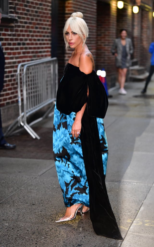 Lady Gaga Blue Marc Jacobs Dress and Clear Heels