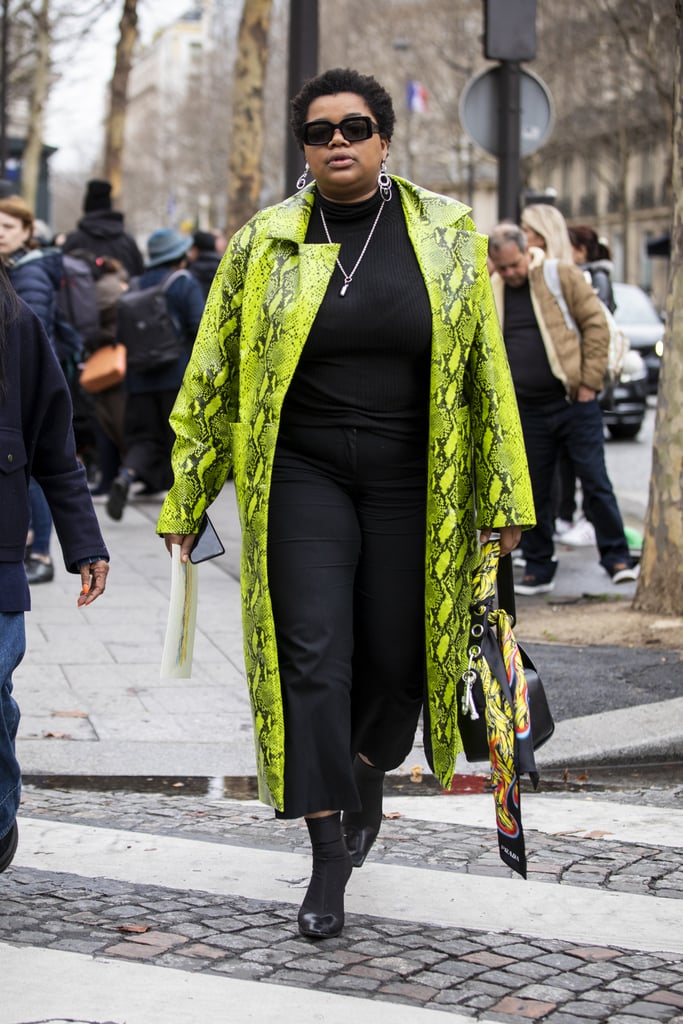 Cropped wide-leg jeans feel infinitely cooler with a touch of neon snake print.