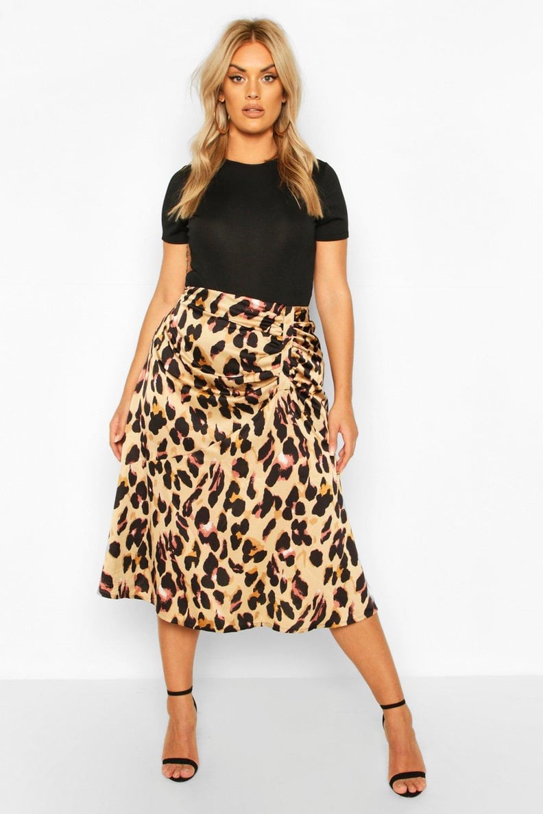 Plus Leopard Print Satin Ruched Asymmetric Skirt