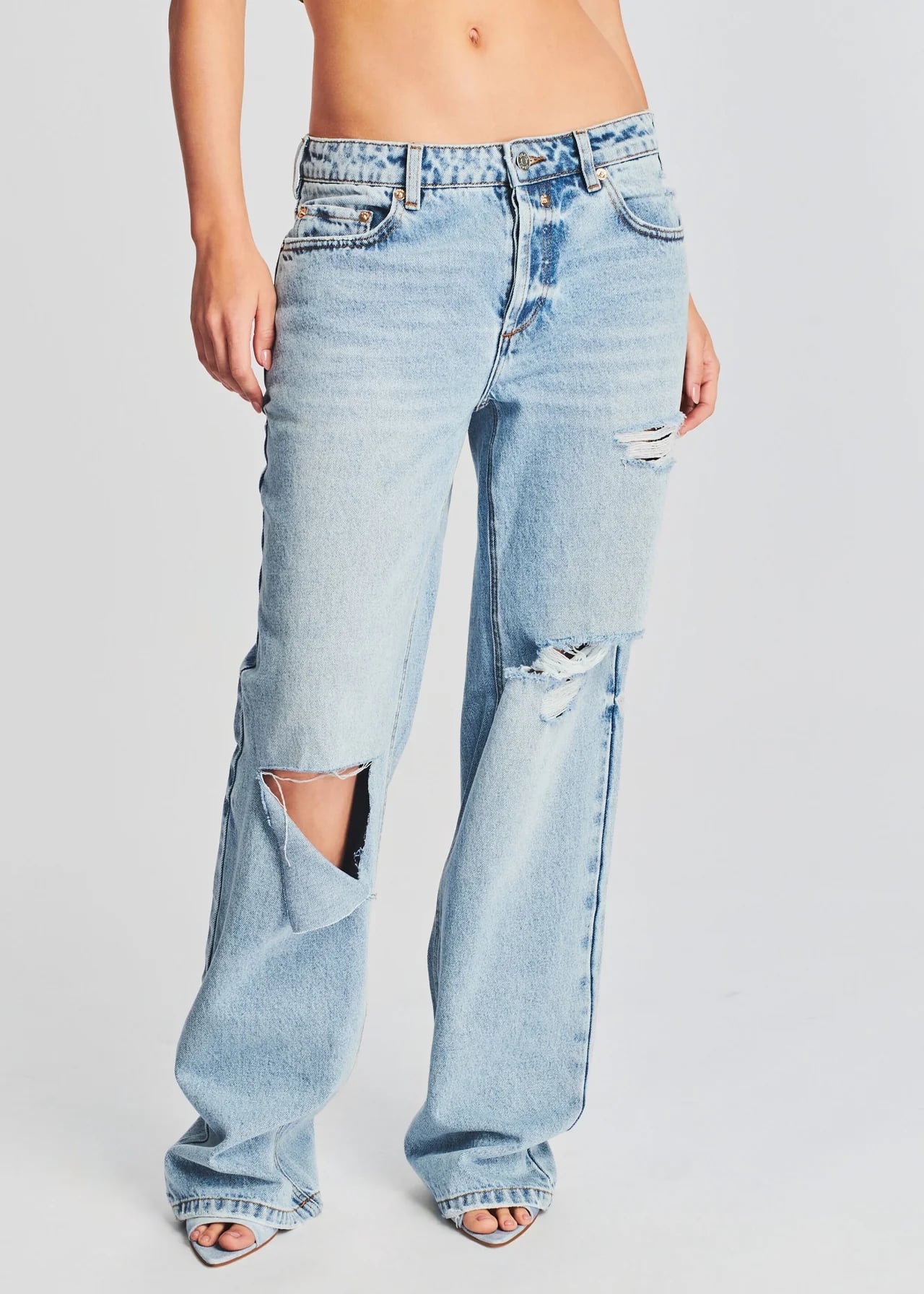 Bershka drawstring waist baggy jeans in mid blue