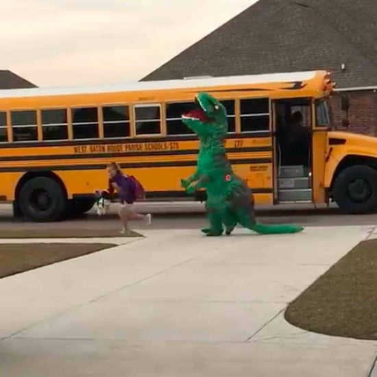 Dad Gets Daughter From Bus in Dinosaur Costume