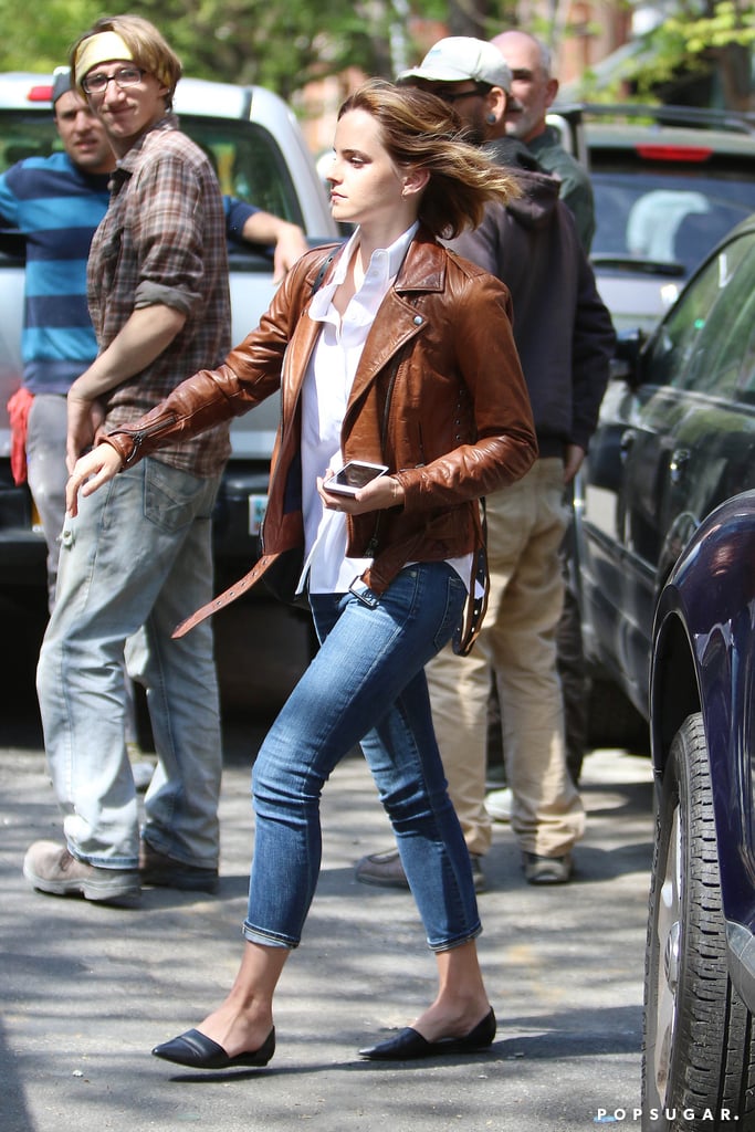 Emma Watson Brown Leather Jacket April 2016