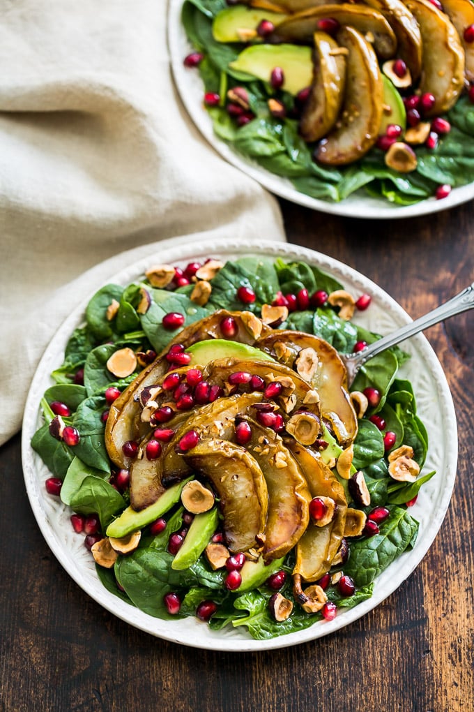 Roasted Pear Spinach Salad With Hazelnuts