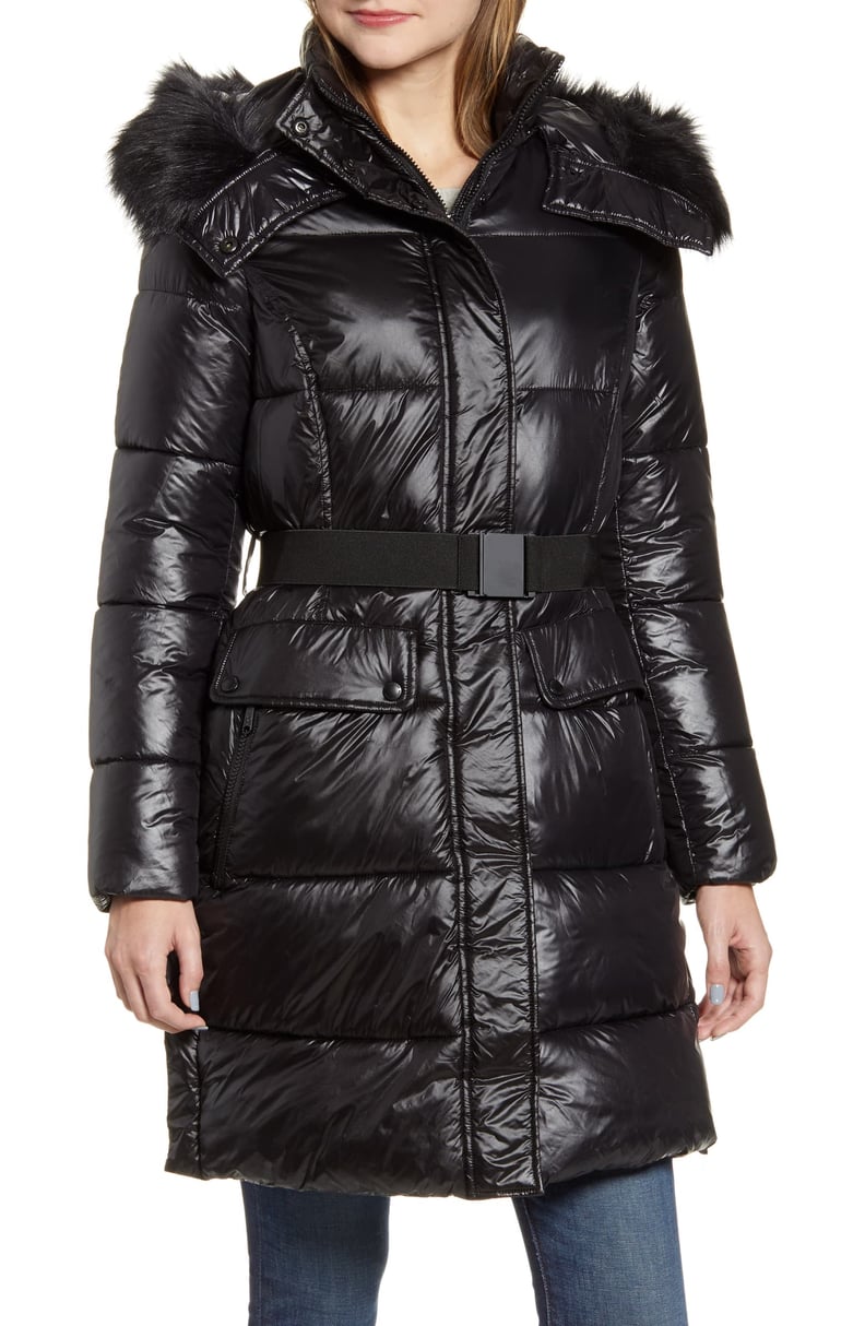 Sam Edelman Belted Faux Fur Detail Hooded Puffer Coat