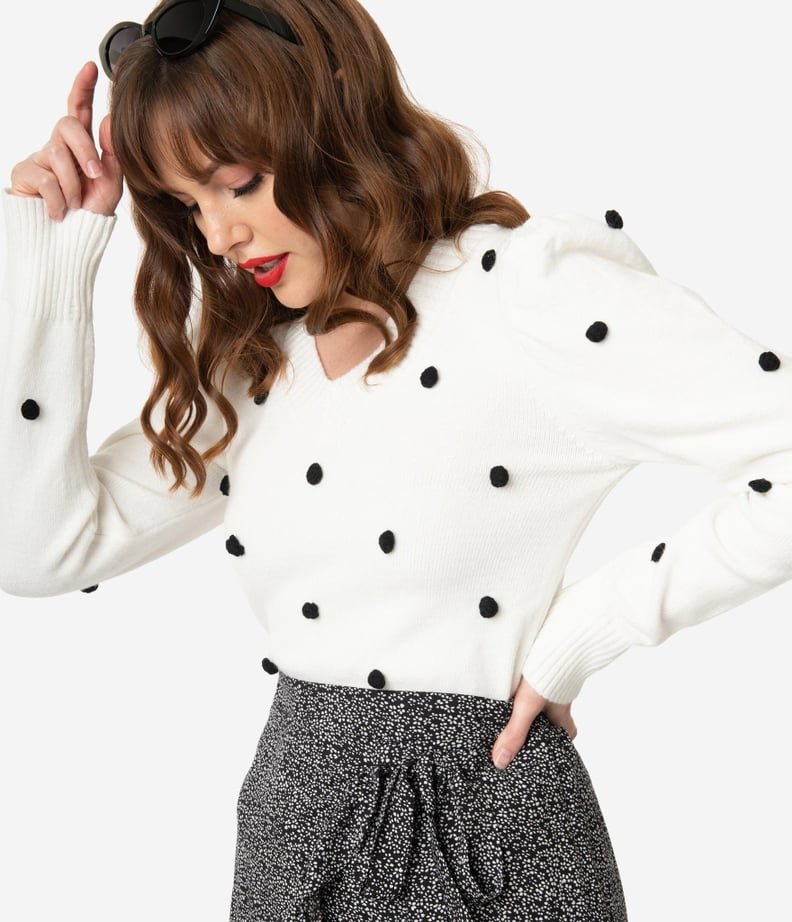 Ivory and Black Pom Pom Polka Dot Sweater