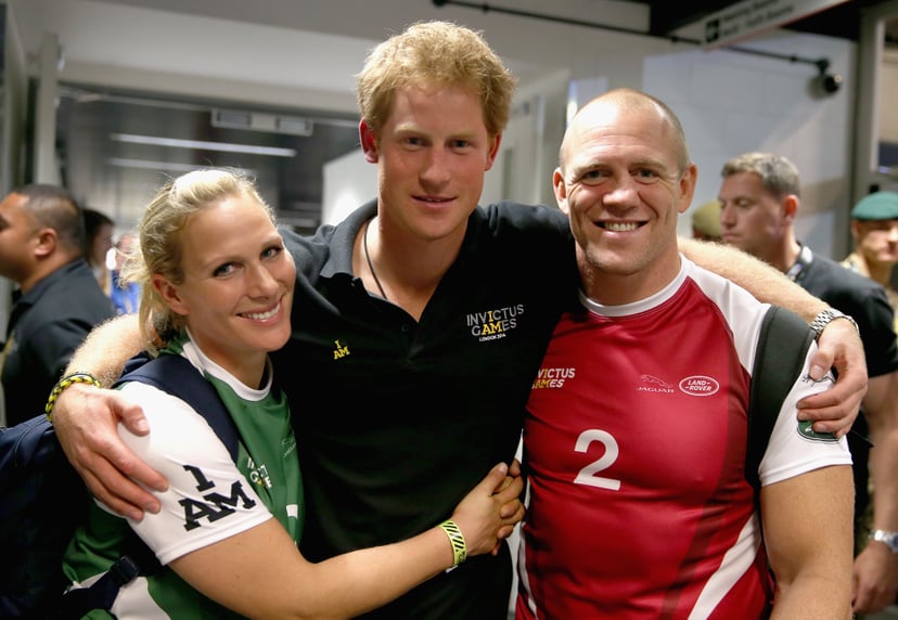 LONDON, ENGLAND - SEPTEMBER 12:  Prince Harry, Zara Phillips and Mike Tindall pose for a photograph after competing in an Exhibition wheelchair rugby match at the Copper Box ahead of tonight's exhibition match as part of the Invictus Games at Queen Elizab