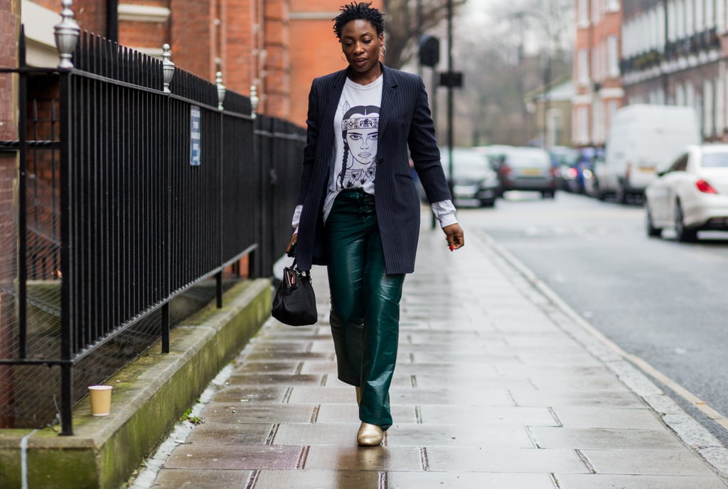 If you're wearing waxed leather in green and gold booties, keep your look professional up top with a tailored blazer or coat.