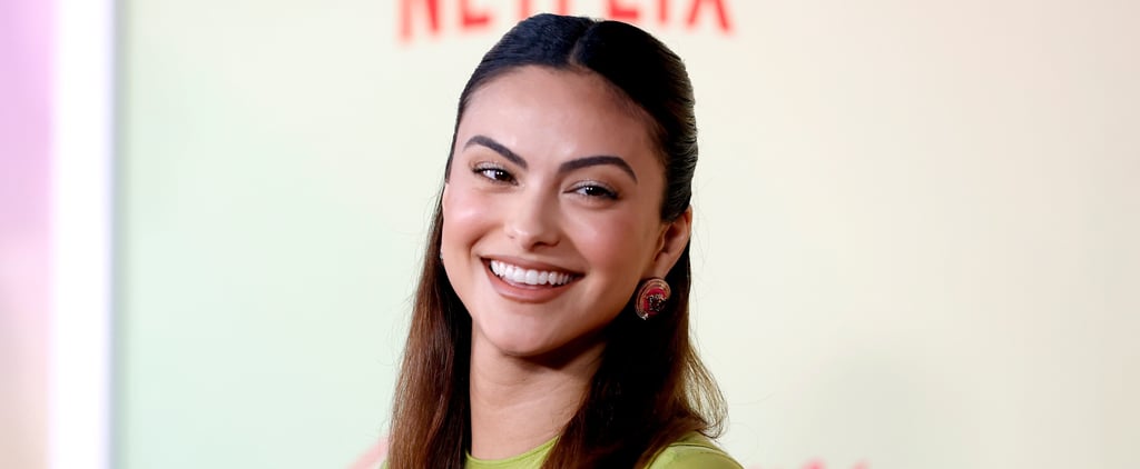 Camila Mendes Wears Green Versace Corset Top, Low-Rise Skirt
