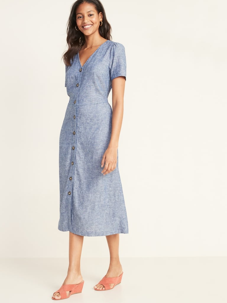 V-Neck Button-Front Linen-Blend Fit & Flare Midi Dress