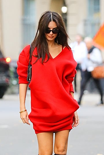 Emily Ratajkowski Wears Red Loewe Sweater With No Trousers
