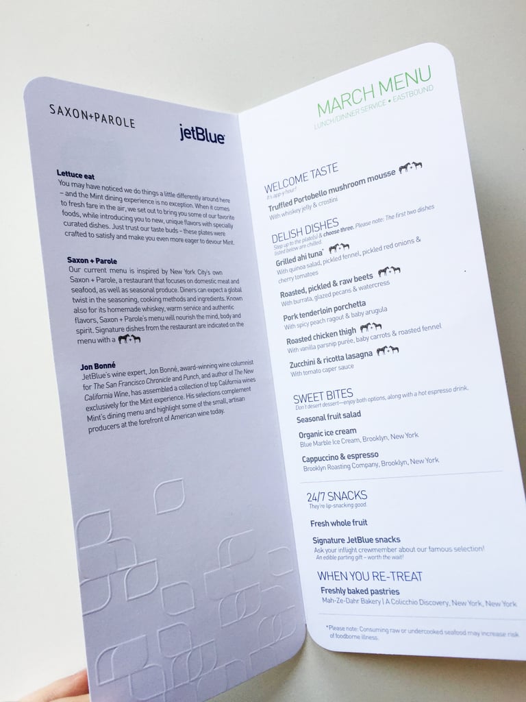 This is what the March lunch/dinner menu (Eastbound) looked like. It featured dishes inspired by Saxon + Parole, a restaurant in New York City that focuses on local meat and seafood, and wine offerings selected by wine expert Jon Bonné.
This is what the March lunch/dinner menu (Eastbound) looked like. It featured dishes inspired by Saxon + Parole, a restaurant in New York City that focuses on local meat and seafood, and wine offerings selected by wine expert Jon Bonné.