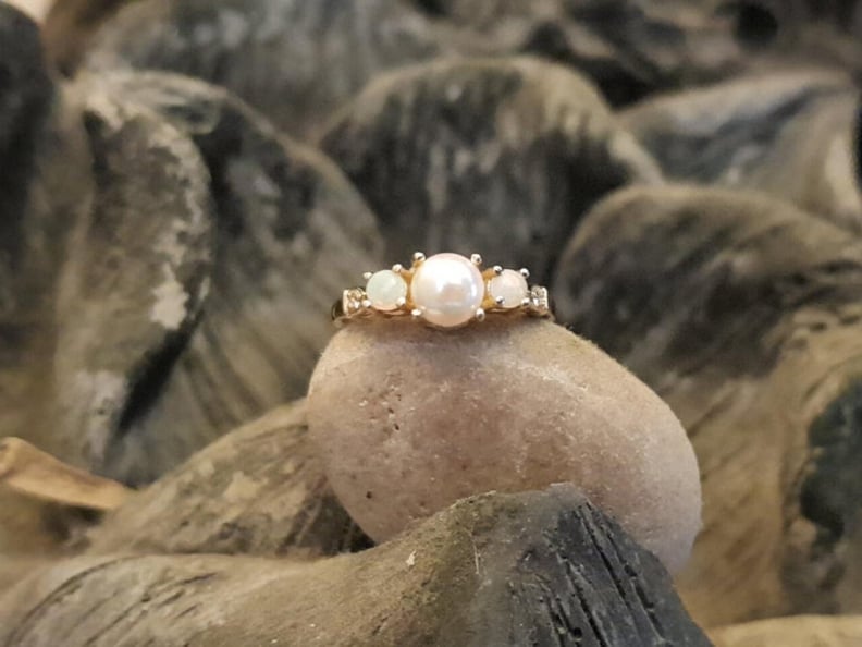 White Pearl Ring With Opal and Diamond