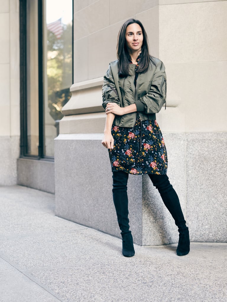 With a bomber jacket, this vintage-feeling print gets a new life. Dana added over-the-knee boots to further winterize the look.