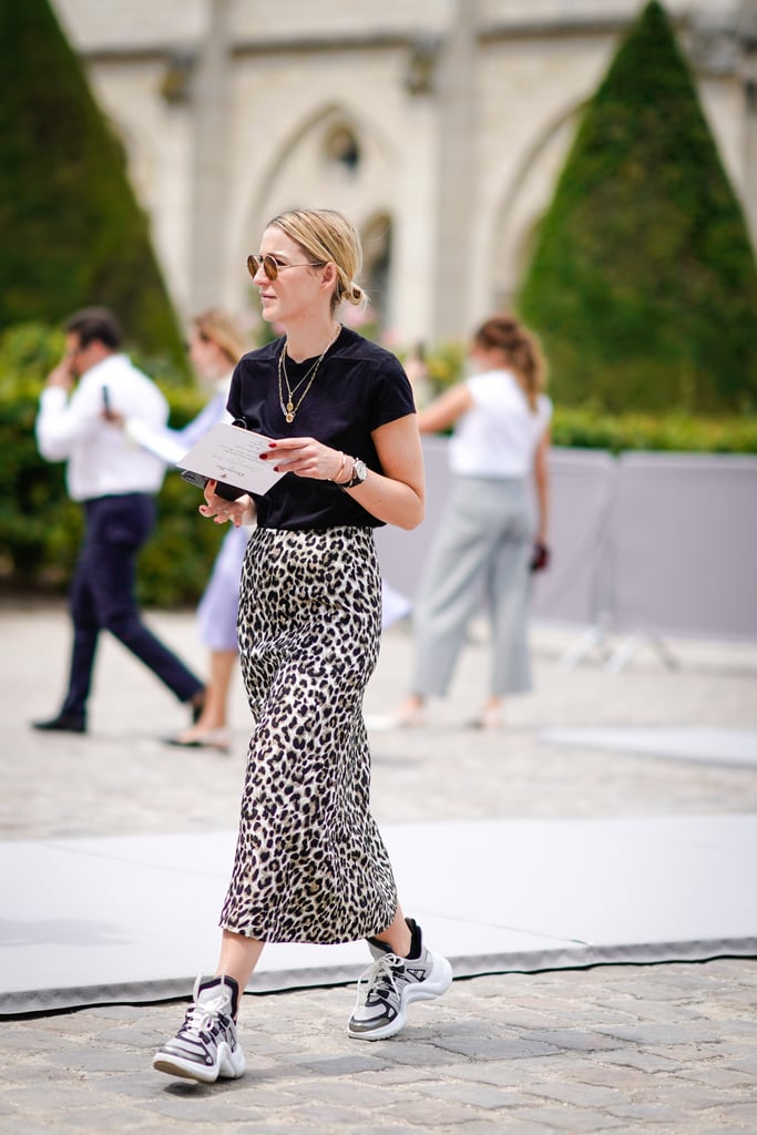 A printed skirt suddenly feels unfussy when you mix it with a t-shirt and sneakers.