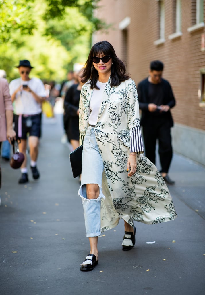 Counter extreme distressing with a beautiful robe coat and smart flats