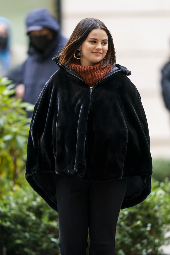 Selena Gomez Wears a Plush Velvet Cape While Filming