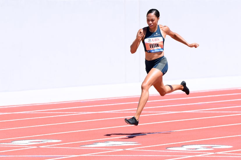 WALNUT, CA - JULY 09:  Allyson Felix crosses the finish in first place in the 150 meter dash during the Weltklasse Zurich Inspiration Games amidst the coronavirus (COVID-19) pandemic on July 09, 2020 in Walnut, California. (Photo by Harry How/Getty Images